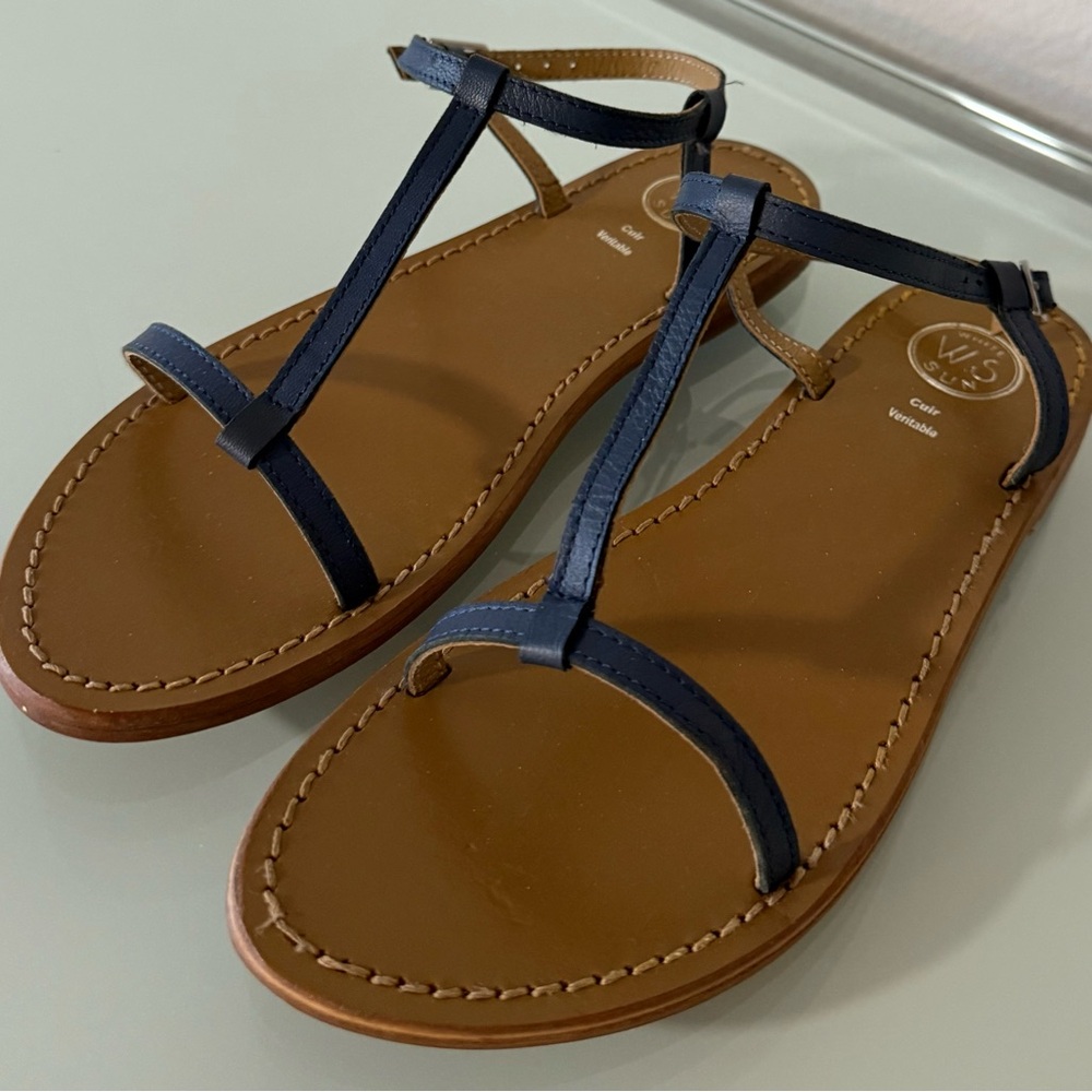 Blue and Brown T-Strap Sandals with Leather Footbed